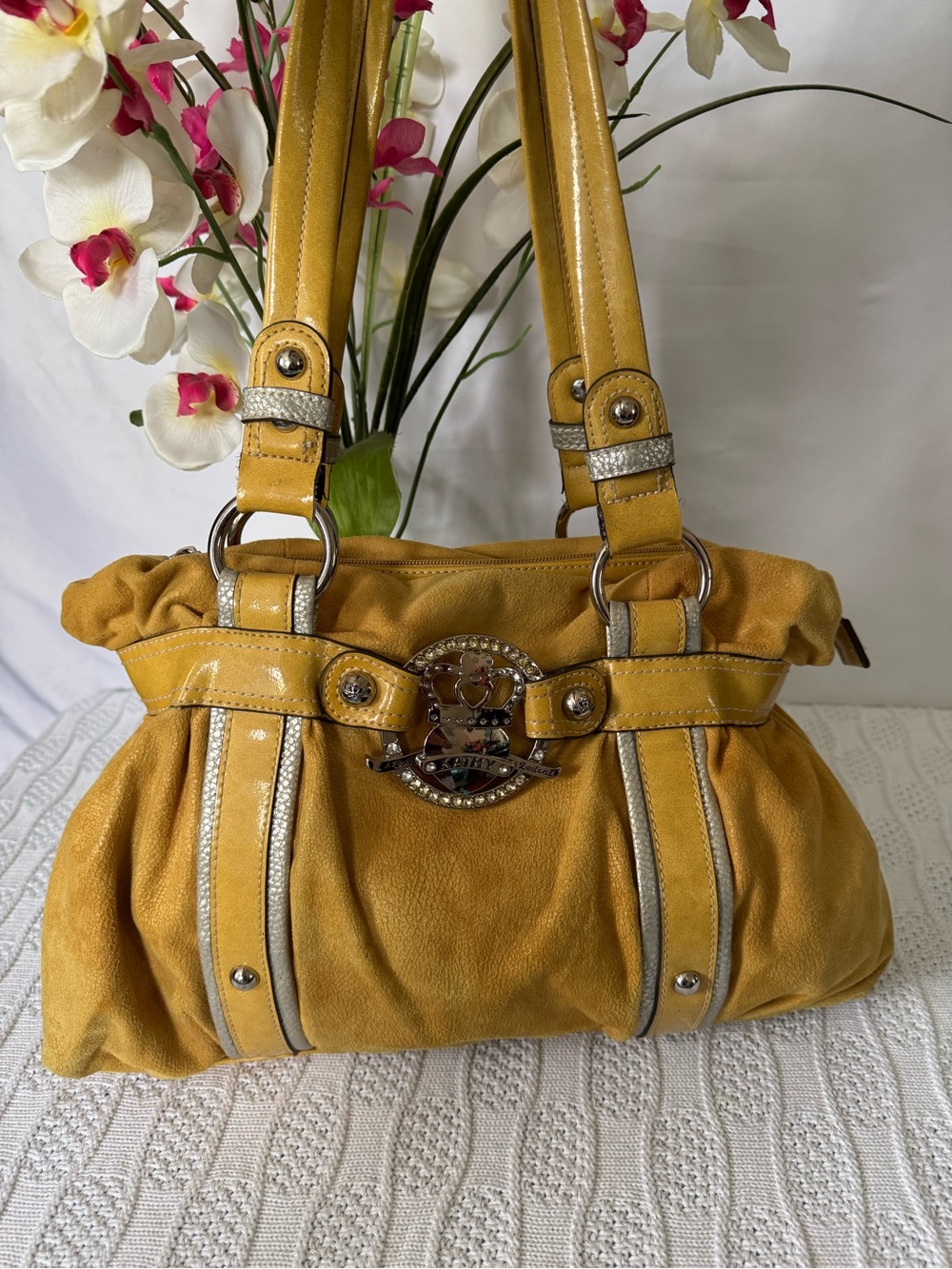 Kathy van Zeeland large mustard yellow shoulder bag
